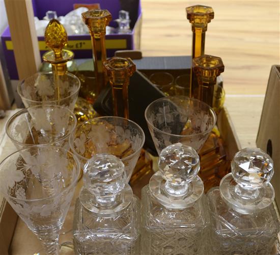 A group of assorted glassware including amber and etched